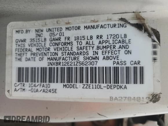 ✅ 2001 Toyota Corolla CE • VIN: 1NXBR12E21Z562307 • Lot: 82405645. Listed on Copart with 280,538 mi. Free auction sales archive from the USA and detailed vehicle history report at DreamBid. Image 12.