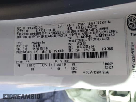 ✅ 2018 Ford Fiesta SE • VIN: 3FADP4EJ3JM112480 • Lot: 43476253. Listed on IAAI with 117,951 mi. Free auction sales archive from the USA and detailed vehicle history report at DreamBid. Image 9.