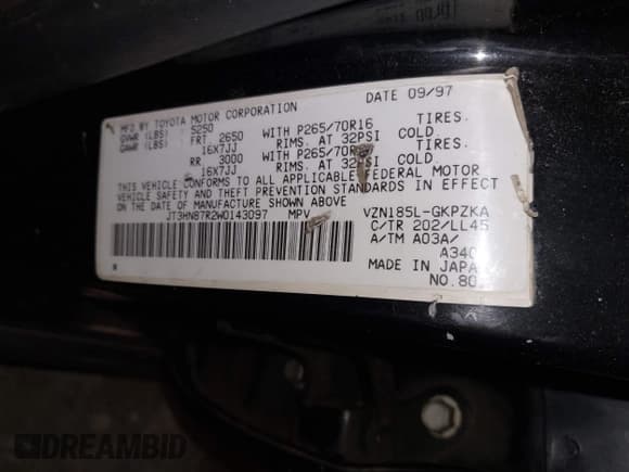 ✅ 1998 Toyota 4Runner Limited • VIN: JT3HN87R2W0143097 • Lot: 43754070. Listed on IAAI with 185,095 mi. Free auction sales archive from the USA and detailed vehicle history report at DreamBid. Image 9.