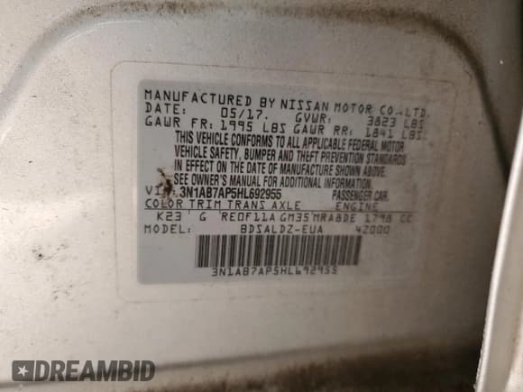 ✅ 2017 Nissan Sentra SR • VIN: 3N1AB7AP5HL692955 • Lot: 91901995. Listed on Copart with Not provided. Free auction sales archive from the USA and detailed vehicle history report at DreamBid. Image 12.