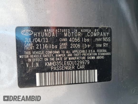 ✅ 2013 Hyundai Elantra • VIN: KMHD35LE6DU129979 • Lot: 86188395. Listed on Copart with 119,529 mi. Free auction sales archive from the USA and detailed vehicle history report at DreamBid. Image 13.