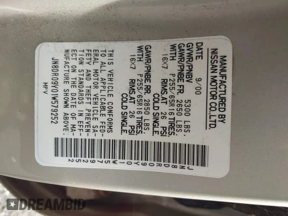 ✅ 2001 Nissan Pathfinder SE • VIN: JN8DR09Y01W579252 • Lot: 43322316. Listed on IAAI with 214,220 mi. Free auction sales archive from the USA and detailed vehicle history report at DreamBid. Image 9.