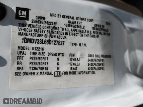 ✅ 2006 Pontiac Montana • VIN: 1GMDV33L66D127827 • Лот: 62368515. Опубликован ранее на Copart с пробегом 94 867 миль. Бесплатный доступ к архиву аукционных продаж из США и подробный отчёт об истории автомобиля на DreamBid. Изображение 13.