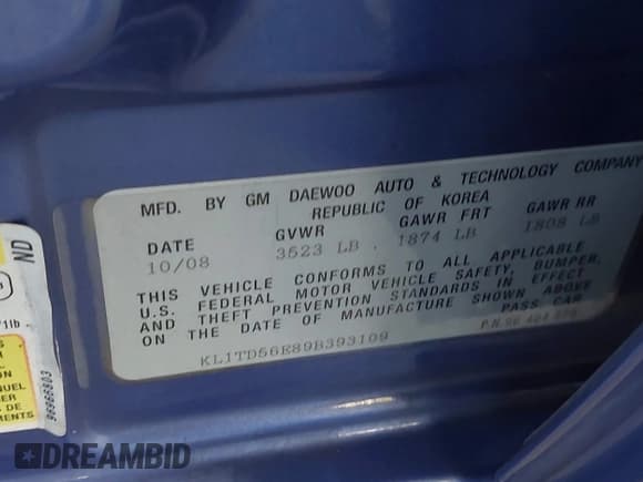 ✅ 2009 Chevrolet Aveo 1LT • VIN: KL1TD56E89B393109 • Lot: 42802296. Listed on IAAI with 147,204 mi. Free auction sales archive from the USA and detailed vehicle history report at DreamBid. Image 9.