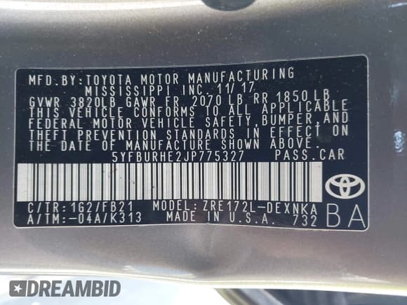 ✅ 2018 Toyota Corolla SE • VIN: 5YFBURHE2JP775327 • Lot: 43616858. Listed on IAAI with 41,155 mi. Free auction sales archive from the USA and detailed vehicle history report at DreamBid. Image 9.