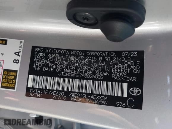 ✅ 2023 Toyota Corolla Hybrid LE • VIN: JTDBCMFE7P3026002 • Лот: 43389358. Опубликован ранее на IAAI с пробегом 23 628 миль. Бесплатный доступ к архиву аукционных продаж из США и подробный отчёт об истории автомобиля на DreamBid. Изображение 9.