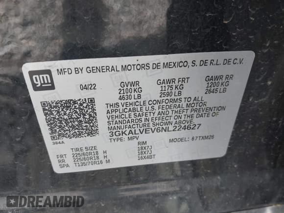 ✅ 2022 GMC Terrain SLT • VIN: 3GKALVEV6NL224627 • Lot: 42639215. Listed on IAAI with 64,037 mi. Free auction sales archive from the USA and detailed vehicle history report at DreamBid. Image 9.