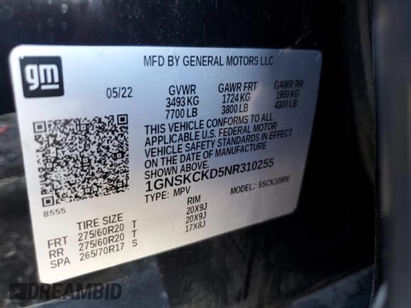 ✅ 2022 Chevrolet Suburban LT • VIN: 1GNSKCKD5NR310255 • Lot: 69681975. Listed on Copart with 68,720 mi. Free auction sales archive from the USA and detailed vehicle history report at DreamBid. Image 13.