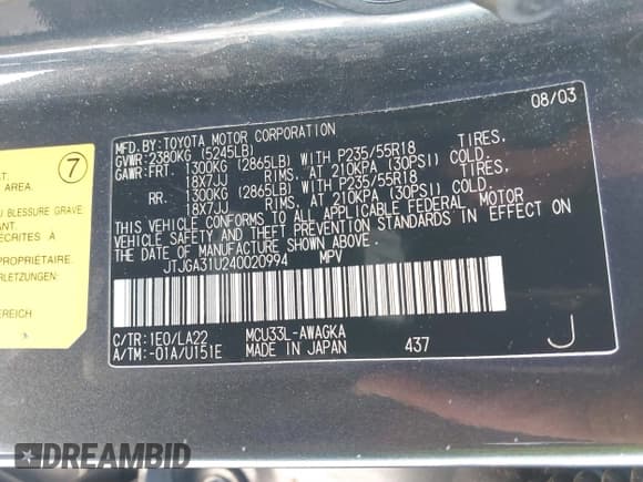 ✅ 2004 Lexus RX 330 • VIN: JTJGA31U240020994 • Лот: 40697921. Опубликован ранее на IAAI с пробегом 213 799 миль. Бесплатный доступ к архиву аукционных продаж из США и подробный отчёт об истории автомобиля на DreamBid. Изображение 9.