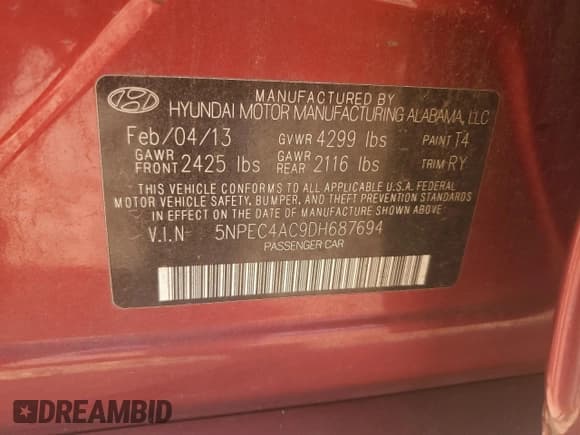 ✅ 2013 Hyundai Sonata Limited • VIN: 5NPEC4AC9DH687694 • Lot: 84066275. Listed on Copart with 134,911 mi. Free auction sales archive from the USA and detailed vehicle history report at DreamBid. Image 12.