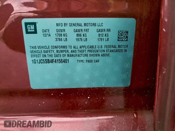 ✅ 2015 Chevrolet Sonic LT • VIN: 1G1JC5SB4F4156401 • Лот: 94324565. Опубликован ранее на Copart с пробегом 96 934 миль. Бесплатный доступ к архиву аукционных продаж из США и подробный отчёт об истории автомобиля на DreamBid. Изображение 13.