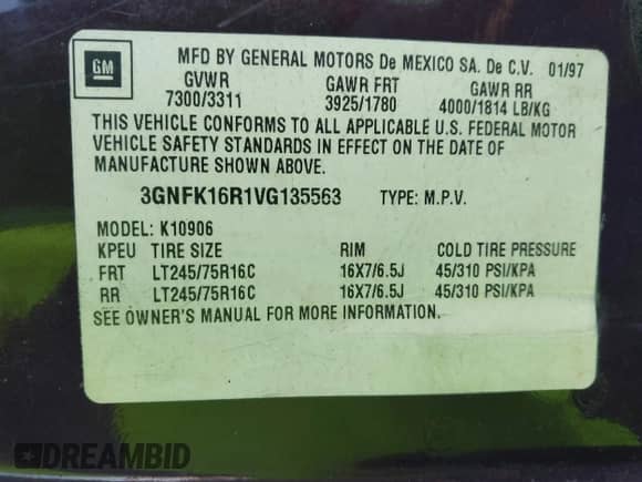 1997 Chevrolet Suburban with VIN 3GNFK16R1VG135563, listed as a IAAI auction lot 43572552 with 285,504 mi miles and . Bid and sale history available at DreamBid. Image 9.