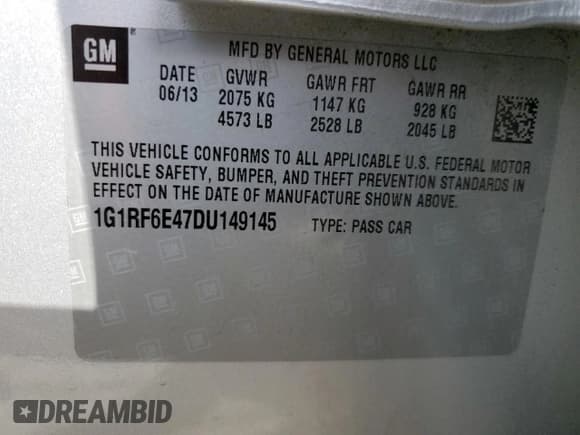 ✅ 2013 Chevrolet Volt • VIN: 1G1RF6E47DU149145 • Lot: 82358015. Listed on Copart with 73,247 mi. Free auction sales archive from the USA and detailed vehicle history report at DreamBid. Image 12.