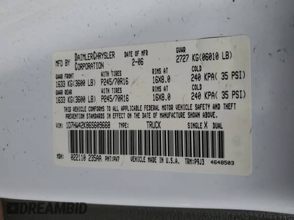 2006 Dodge Dakota SLT with VIN 1D7HW42K86S609668, listed as a Copart auction lot 80587354 with 238,688 mi miles and Salvage title. Bid and sale history available at DreamBid. Image 12.