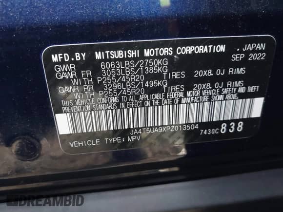 2023 Mitsubishi Outlander SE with VIN JA4T5UA9XPZ013504, listed as a IAAI auction lot 41208867 with 14,285 mi miles and . Bid and sale history available at DreamBid. Image 9.