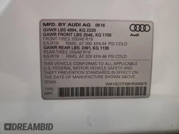 ✅ 2017 Audi Q3 Prestige • VIN: WA1GCCFS8HR000975 • Lot: 64032185. Listed on Copart with 80,928 mi. Free auction sales archive from the USA and detailed vehicle history report at DreamBid. Image 13.