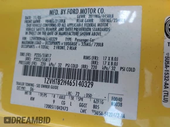 ✅ 2006 Ford Mustang GT Deluxe • VIN: 1ZVHT82H465140329 • Лот: 43529291. Опубликован ранее на IAAI с пробегом 217 608 миль. Бесплатный доступ к архиву аукционных продаж из США и подробный отчёт об истории автомобиля на DreamBid. Изображение 9.