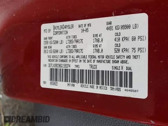 2006 Dodge 3500 SLT z VIN 3D7LX39C96G159374, wystawiony jako Copart lot #59817365 z przebiegiem Nie podano mil oraz Czysty tytuł • Clean title. Historia ofert i sprzedaży dostępna na DreamBid. Obrazek 13.