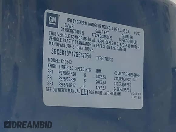 2007 Chevrolet Silverado 1500 LTZ с VIN 3GCEK13Y17G547954, выставлен на аукционе IAAI как лот 42193261 с пробегом 252 170 миль миль и . История ставок и продаж доступна на DreamBid. Изображение 9.