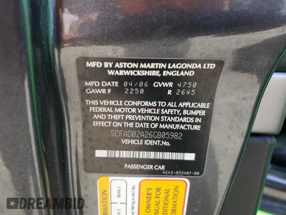 ✅ 2006 Aston Martin DB9 • VIN: SCFAD02A26GB05982 • Lot: 75680434. Listed on Copart with 50,991 mi. Free auction sales archive from the USA and detailed vehicle history report at DreamBid. Image 12.