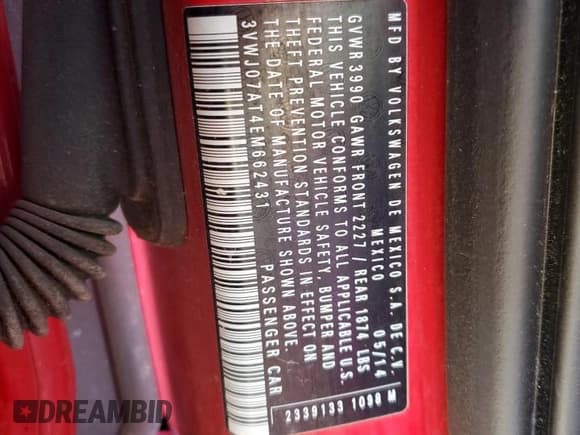 ✅ 2014 Volkswagen Beetle 1.8T • VIN: 3VWJ07AT4EM662431 • Lot: 80233364. Listed on Copart with 106,484 mi. Free auction sales archive from the USA and detailed vehicle history report at DreamBid. Image 14.