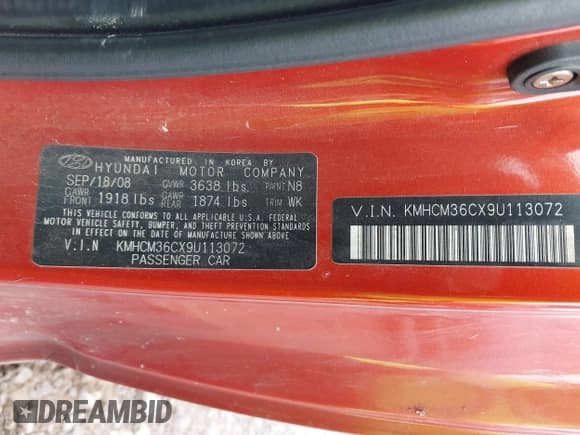 ✅ 2009 Hyundai Accent Auto GS • VIN: KMHCM36CX9U113072 • Lot: 43737816. Listed on IAAI with Not provided. Free auction sales archive from the USA and detailed vehicle history report at DreamBid. Image 9.