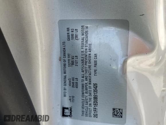 ✅ 2011 Chevrolet Camaro 1LT • VIN: 2G1FF1ED0B9135426 • Lot: 80491845. Listed on Copart with 184,466 mi. Free auction sales archive from the USA and detailed vehicle history report at DreamBid. Image 13.