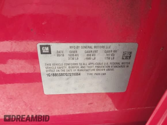 ✅ 2016 Chevrolet Cruze LS • VIN: 1G1BB5SM7G7278064 • Lot: 42638740. Listed on IAAI with 191,972 mi. Free auction sales archive from the USA and detailed vehicle history report at DreamBid. Image 9.