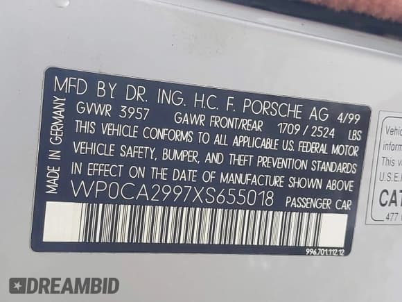 ✅ 1999 Porsche 911 • VIN: WP0CA2997XS655018 • Lot: 41778688. Listed on IAAI with 196,760 mi. Free auction sales archive from the USA and detailed vehicle history report at DreamBid. Image 9.