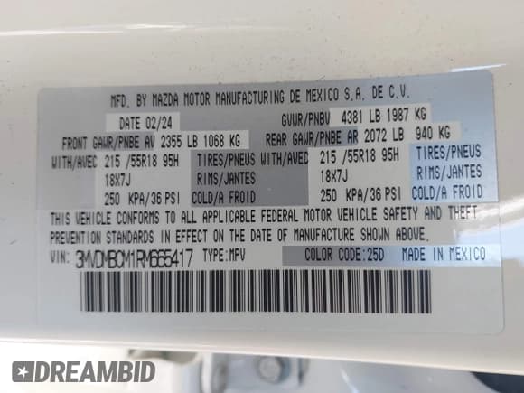 ✅ 2024 Mazda CX-30 S Preferred • VIN: 3MVDMBCM1RM665417 • Lot: 43318092. Listed on IAAI with 17,926 mi. Free auction sales archive from the USA and detailed vehicle history report at DreamBid. Image 9.