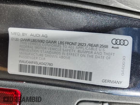 ✅ 2020 Audi S4 Prestige • VIN: WAUC4AF45LA042760 • Lot: 89823475. Listed on Copart with 60,708 mi. Free auction sales archive from the USA and detailed vehicle history report at DreamBid. Image 13.