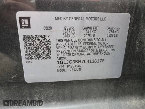 2020 Chevrolet Sonic LT с VIN 1G1JG6SB7L4136178, выставлен на аукционе Copart как лот 72976824 с пробегом 94 523 миль миль и Чистый • Clean title. История ставок и продаж доступна на DreamBid. Изображение 14.