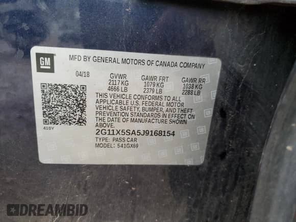 2018 Chevrolet Impala LS with VIN 2G11X5SA5J9168154, listed as a Copart auction lot 49161144 with Not provided miles and Non repairable. Bid and sale history available at DreamBid. Image 12.