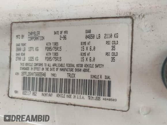 1996 Dodge Dakota z VIN 1B7FL26XXTS665546, wystawiony jako IAAI lot #41009915 z przebiegiem 84 332 mil mil oraz . Historia ofert i sprzedaży dostępna na DreamBid. Obrazek 9.