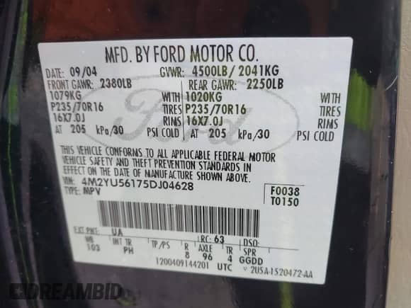 2005 Mercury Mariner Luxury с VIN 4M2YU56175DJ04628, выставлен на аукционе IAAI как лот 43513803 с пробегом 139 688 миль миль и . История ставок и продаж доступна на DreamBid. Изображение 9.