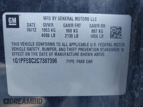 2012 Chevrolet Cruze 1LT z VIN 1G1PF5SC2C7387396, wystawiony jako IAAI lot #43401730 z przebiegiem 137 692 mil mil oraz . Historia ofert i sprzedaży dostępna na DreamBid. Obrazek 9.