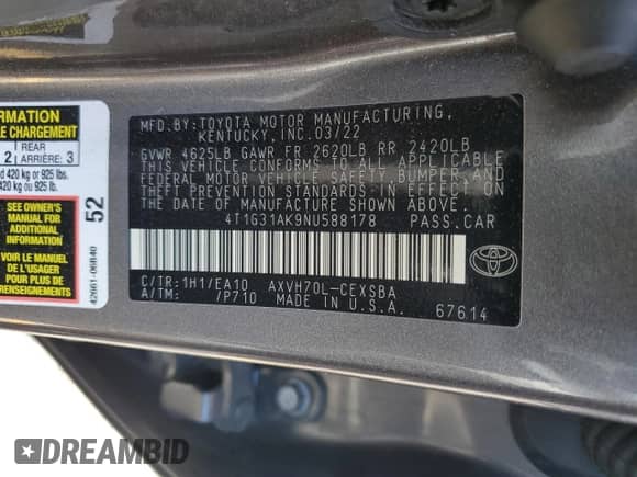 2022 Toyota Camry Hybrid SE z VIN 4T1G31AK9NU588178, wystawiony jako Copart lot #81689865 z przebiegiem 118 270 mil mil oraz Szkoda całkowita • Salvage title. Historia ofert i sprzedaży dostępna na DreamBid. Obrazek 12.