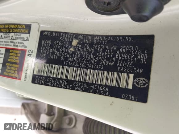 ✅ 2012 Toyota Avalon • VIN: 4T1BK3DB6CU447473 • Lot: 42674811. Wystawiony na IAAI z przebiegiem 168 700 mil. Bezpłatny archiwum sprzedaży aukcyjnych z USA i szczegółowy raport historii pojazdu na DreamBid. Zdjęcie 9.