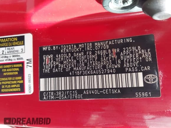 ✅ 2010 Toyota Camry • VIN: 4T1BF3EK6AU527940 • Lot: 43201993. Listed on IAAI with 176,901 mi. Free auction sales archive from the USA and detailed vehicle history report at DreamBid. Image 9.