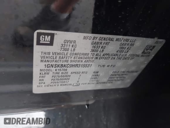 ✅ 2017 Chevrolet Tahoe LT • VIN: 1GNSKBKC9HR315531 • Lot: 42898425. Listed on IAAI with 91,110 mi. Free auction sales archive from the USA and detailed vehicle history report at DreamBid. Image 9.