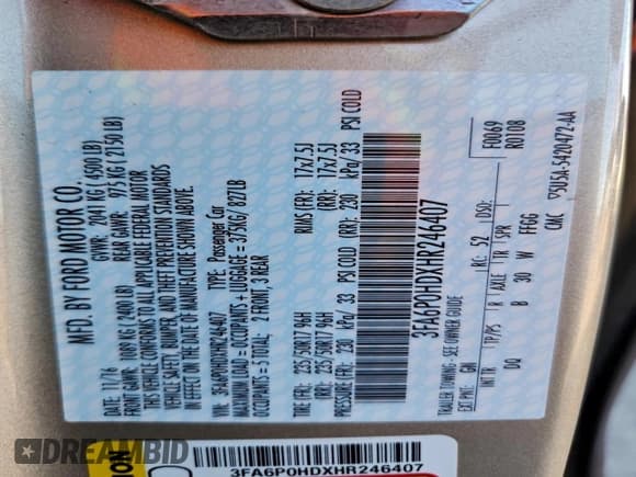 ✅ 2017 Ford Fusion SE • VIN: 3FA6P0HDXHR246407 • Lot: 94352835. Listed on Copart with 156,240 mi. Free auction sales archive from the USA and detailed vehicle history report at DreamBid. Image 12.