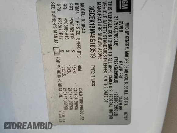 ✅ 2008 Chevrolet Silverado 1500 1LT • VIN: 3GCEK13M48G108519 • Lot: 74667724. Listed on Copart with 259,157 mi. Free auction sales archive from the USA and detailed vehicle history report at DreamBid. Image 12.