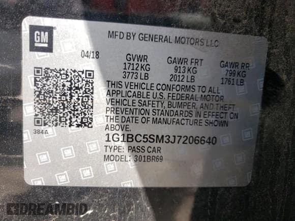 ✅ 2018 Chevrolet Cruze LS • VIN: 1G1BC5SM3J7206640 • Lot: 40915521. Listed on Copart with 83,802 mi. Free auction sales archive from the USA and detailed vehicle history report at DreamBid. Image 10.