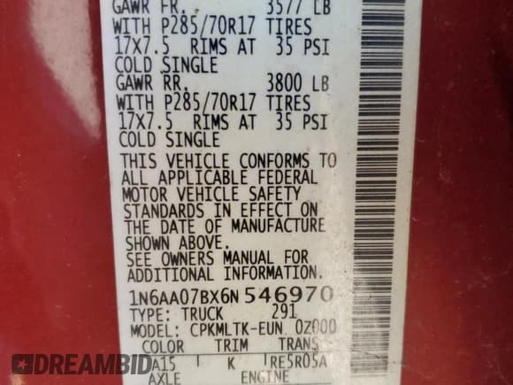 ✅ 2006 Nissan Titan SE • VIN: 1N6AA07BX6N546970 • Lot: 57573795. Listed on Copart with 154,020 mi. Free auction sales archive from the USA and detailed vehicle history report at DreamBid. Image 12.