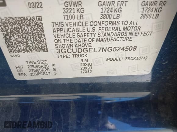 ✅ 2022 Chevrolet Silverado 1500 LTZ • VIN: 3GCUDGEL7NG524508 • Lot: 43142759. Listed on IAAI with 106,904 mi. Free auction sales archive from the USA and detailed vehicle history report at DreamBid. Image 9.