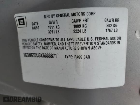 ✅ 1999 Oldsmobile Cutlass GLS • VIN: 1G3NG52J3X6333871 • Lot: 73892304. Wystawiony na Copart z przebiegiem 44 280 mil. Bezpłatny archiwum sprzedaży aukcyjnych z USA i szczegółowy raport historii pojazdu na DreamBid. Zdjęcie 12.