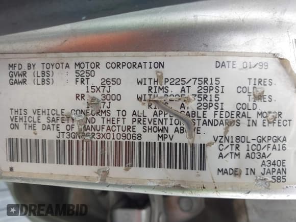 ✅ 1999 Toyota 4Runner SR5 • VIN: JT3GN86R3X0109068 • Lot: 43110919. Listed on IAAI with 258,462 mi. Free auction sales archive from the USA and detailed vehicle history report at DreamBid. Image 9.