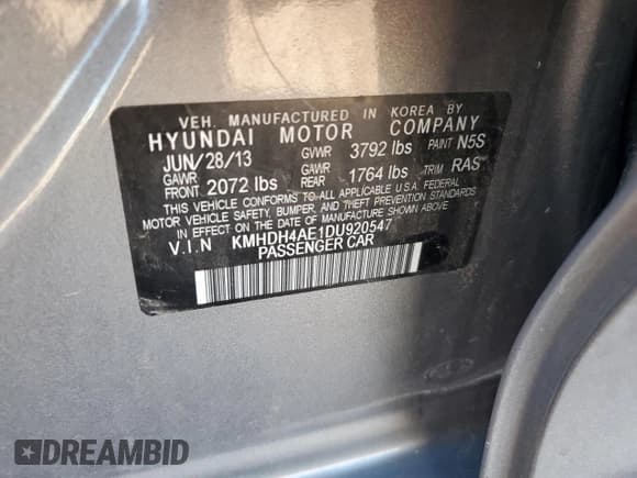 ✅ 2013 Hyundai Elantra GLS • VIN: KMHDH4AE1DU920547 • Lot: 85193005. Listed on Copart with 29,914 mi. Free auction sales archive from the USA and detailed vehicle history report at DreamBid. Image 12.