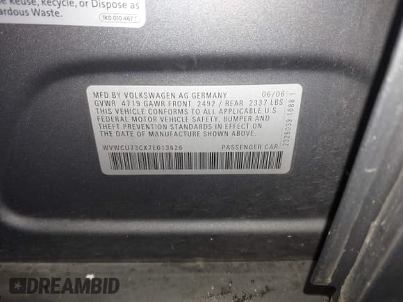 ✅ 2007 Volkswagen Passat 3.6L V6 • VIN: WVWCU73CX7E013626 • Lot: 43797138. Listed on IAAI with 137,853 mi. Free auction sales archive from the USA and detailed vehicle history report at DreamBid. Image 9.