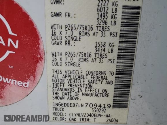 ✅ 2020 Nissan Frontier Pro-4X • VIN: 1N6ED0EB7LN709419 • Lot: 58753155. Listed on Copart with Not provided. Free auction sales archive from the USA and detailed vehicle history report at DreamBid. Image 13.